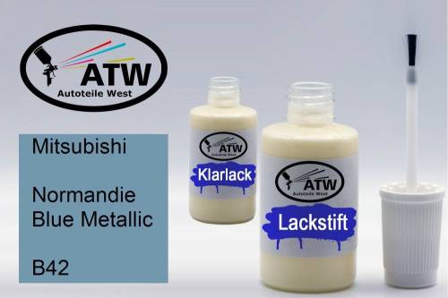 Mitsubishi, Normandie Blue Metallic, B42: 20ml Lackstift + 20ml Klarlack - Set, von ATW Autoteile West.